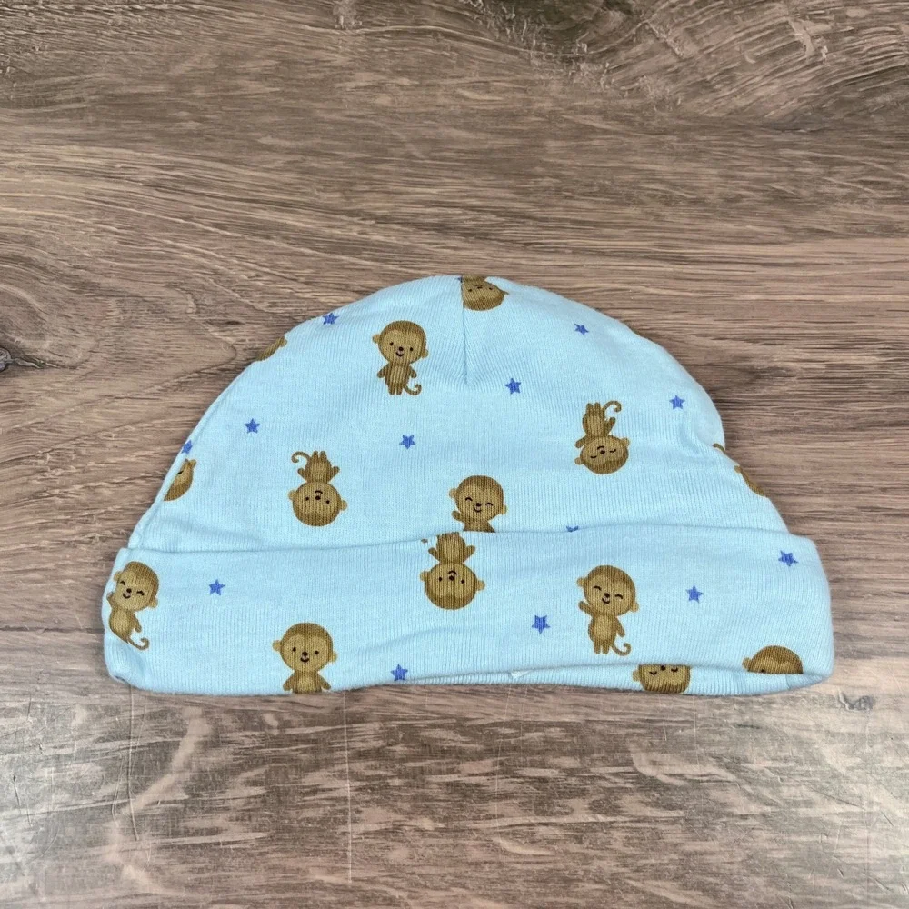 Carter's Luvable Friends Beanie Hat Baby NB 0-3M Blue White Monkey Airplane 3pk